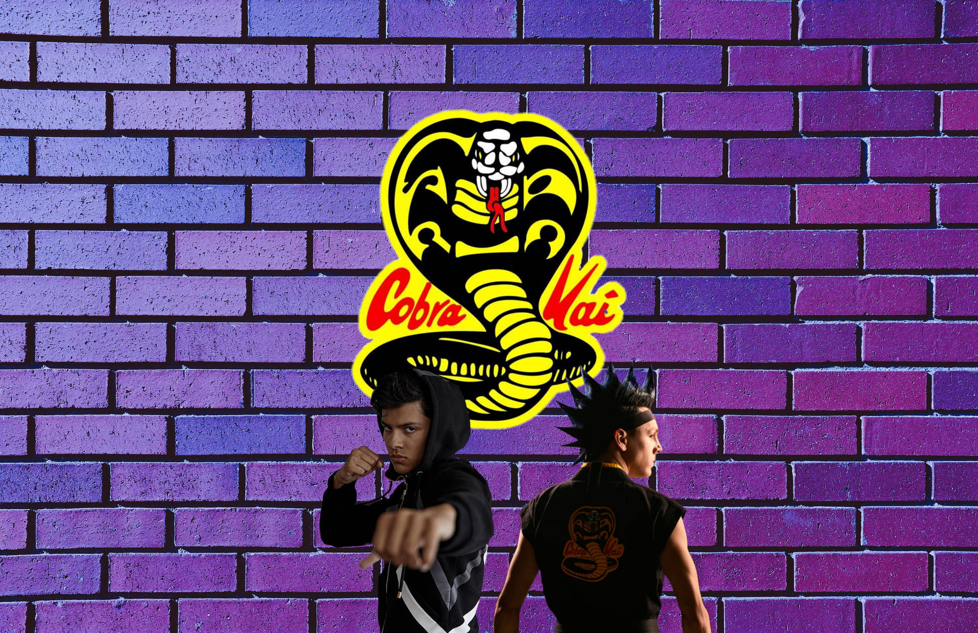 兩名戰士在紫色磚牆上的 Cobra Kai 標誌下擺姿勢。