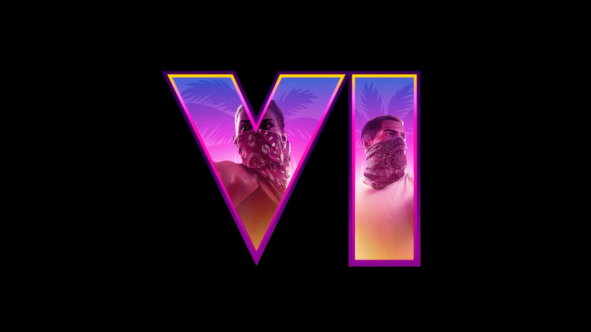  壁紙 — 兩個戴面具的人物在黑色背景上的霓虹紫色和黃色「V」字內發光，背景有棕櫚葉。
