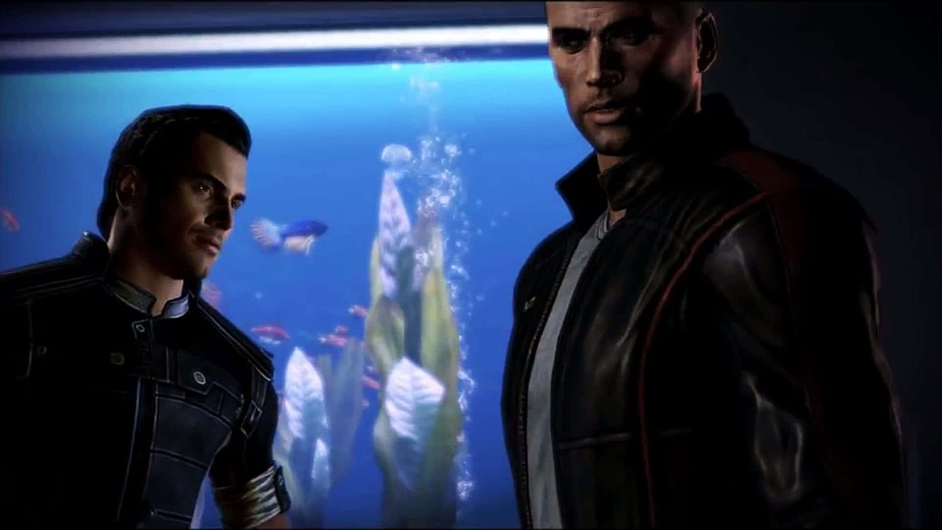 Kaidan Alenko 桌布 壁紙 — 兩個穿著深色外套的男人站在一個發光的藍色水族箱前，裡面充滿了魚和氣泡，彼此面對面。