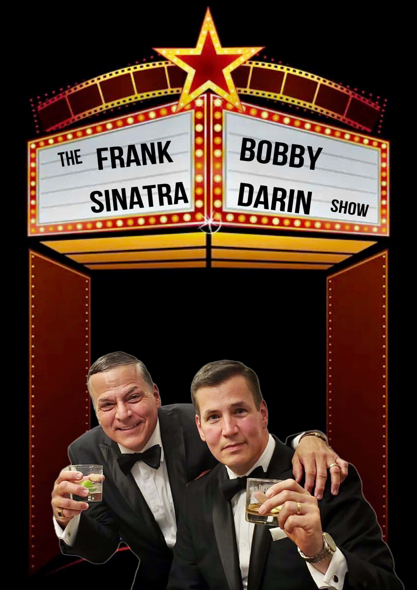  壁紙 — 兩位身穿禮服的男士在The Frank Sinatra Bobby Darin Show的發光招牌下手持飲品。