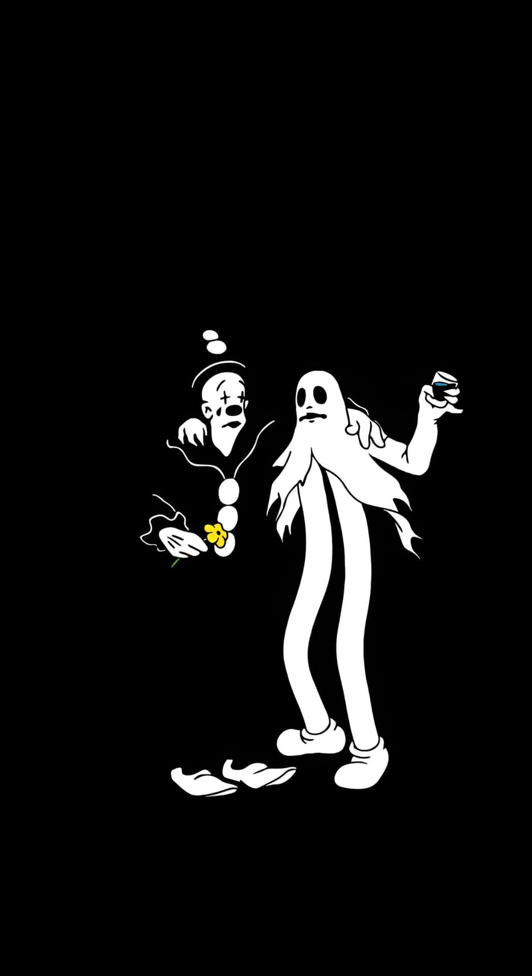  壁紙 — 兩個極簡白色卡通鬼魂，表情豐富，站在黑色背景前，一個拿著花，另一個拿著飲料。