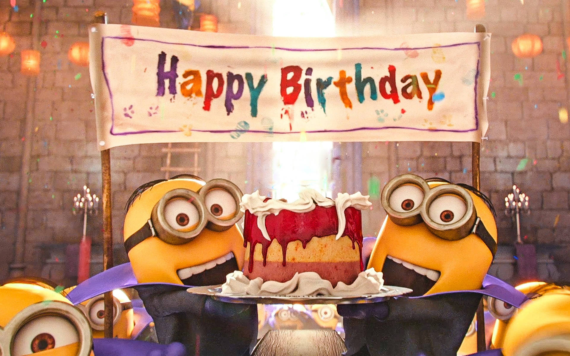 Minions用蛋糕和五彩紙屑慶祝生日。