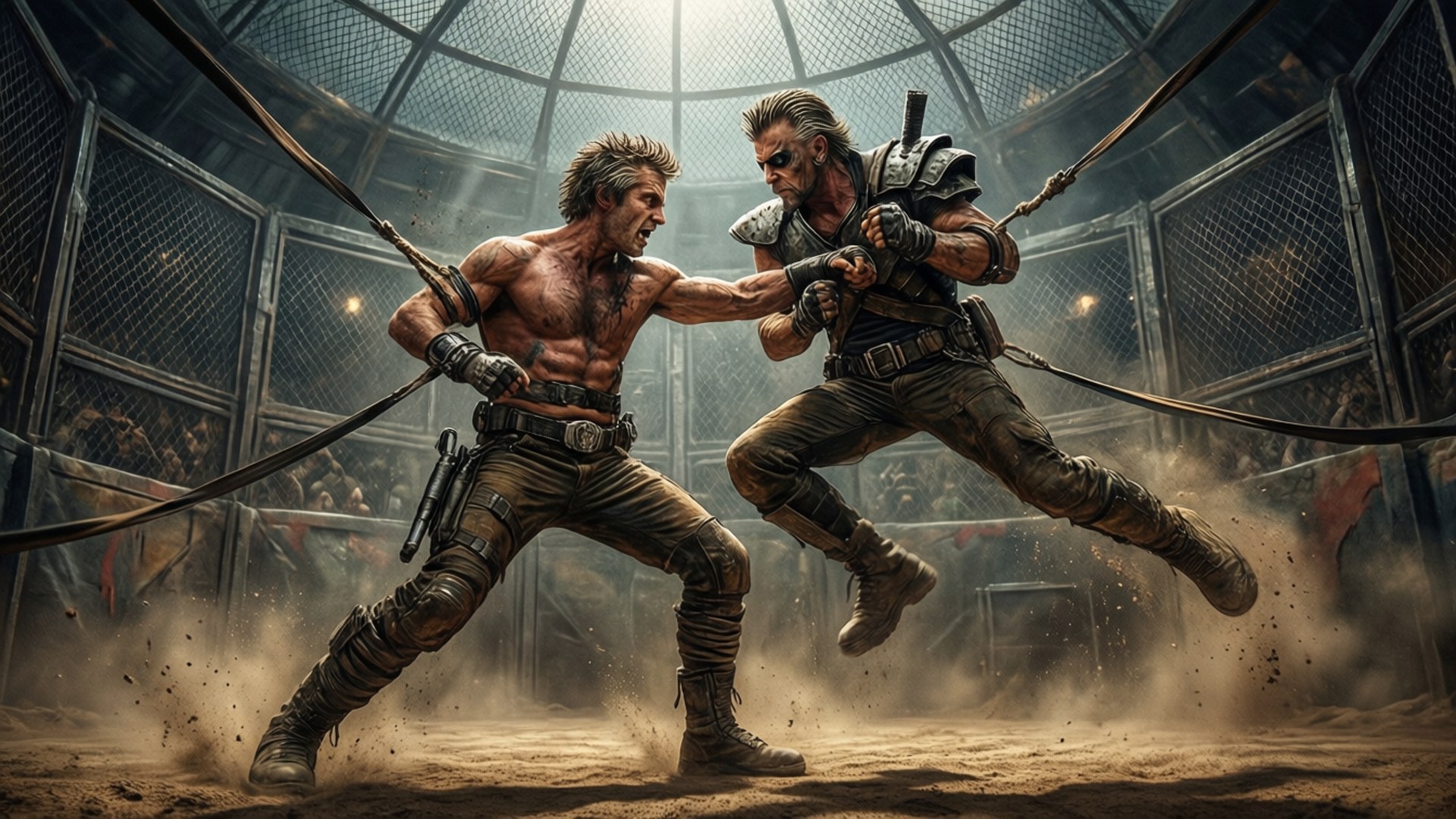 Thunderdome Brawl 壁紙 — 兩名肌肉發達的戰士在灰塵飛揚的粗糙競技場中碰撞，繩索在他們殘酷的戰鬥中繃緊。
