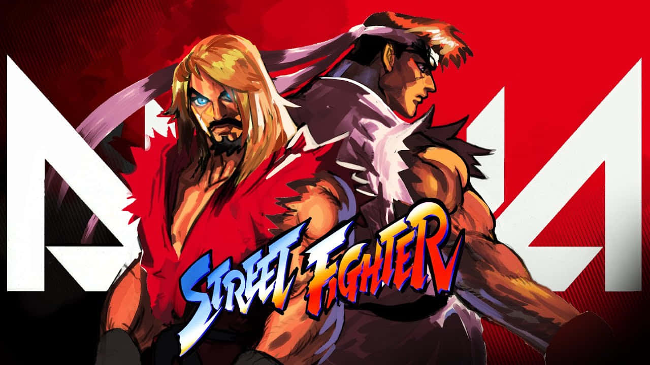  壁紙 — 兩名肌肉發達的戰士身穿紅黑裝備，在帶有「Street Fighter」標誌的醒目紅色背景上激烈交鋒。
