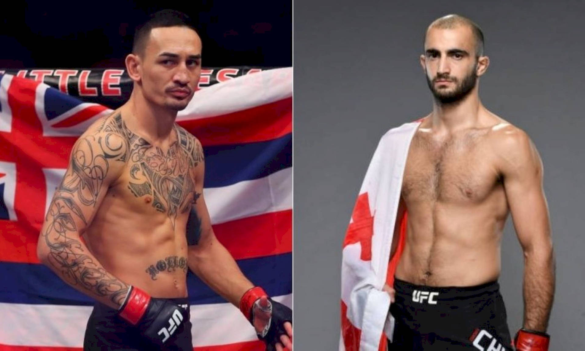 兩名赤裸上身的男性MMA拳手與國旗、UFC短褲和手套一起擺姿勢。