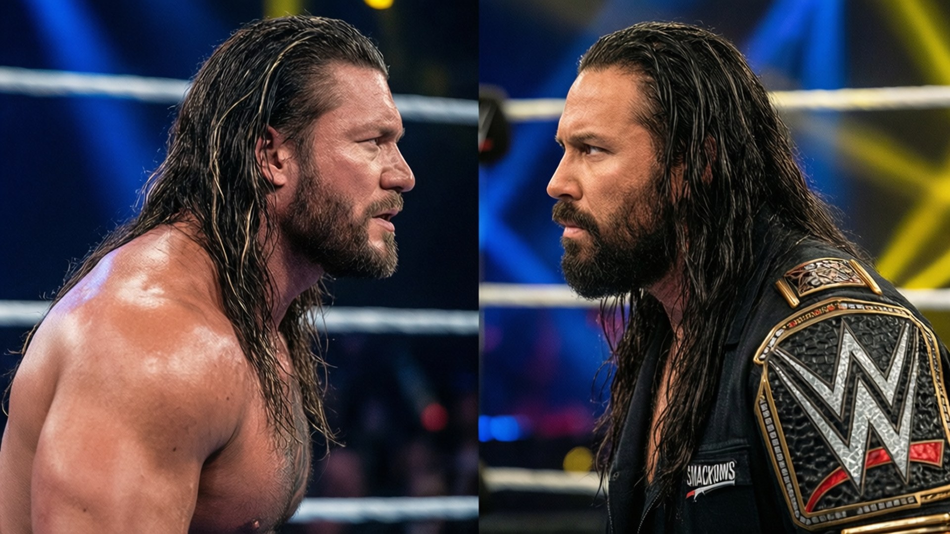 Jey Uso 桌布 壁紙 — 兩名肌肉發達的摔角手在明亮的舞台燈光下於擂台上對峙，表情激烈。