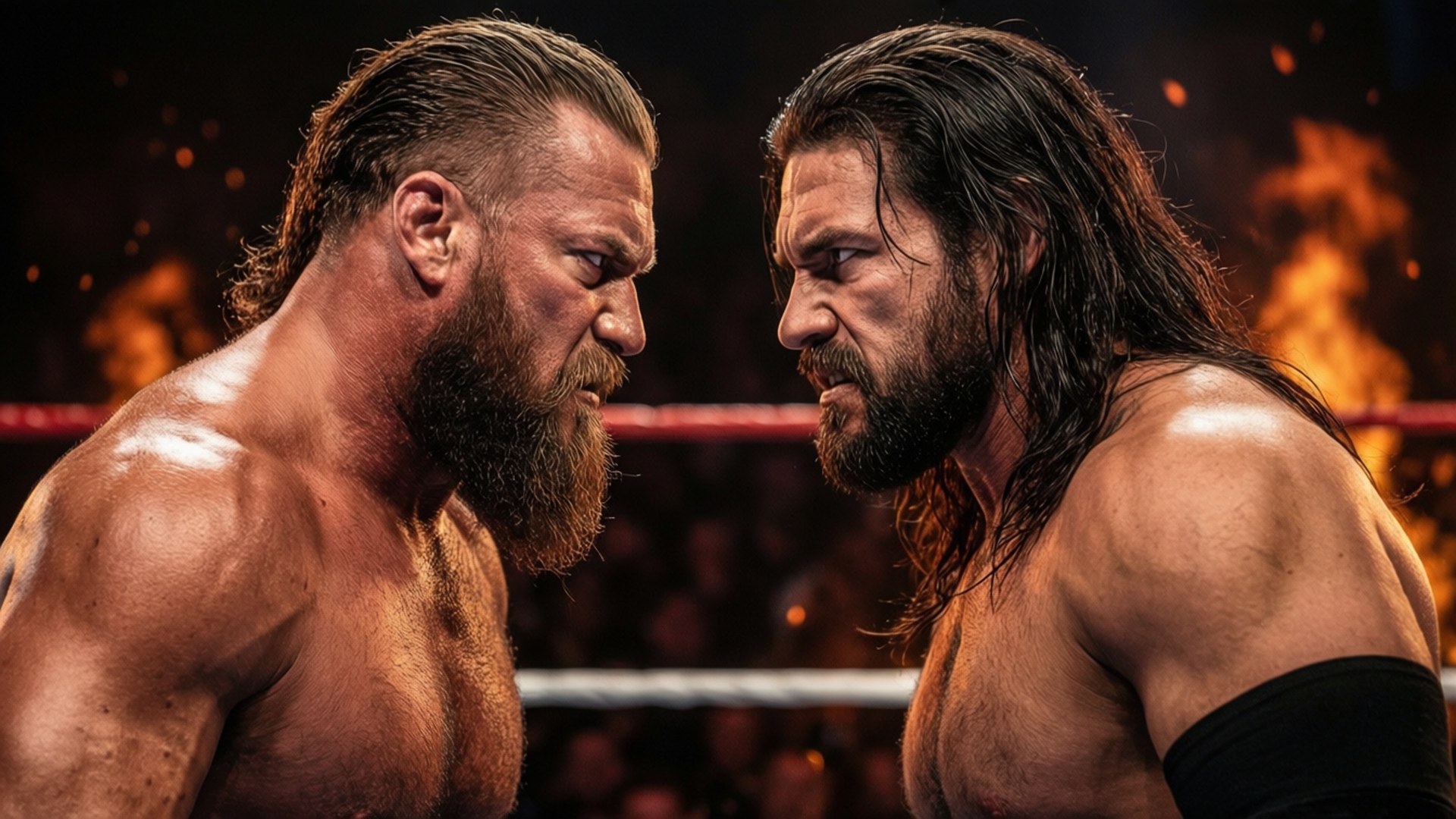 Rivalry Face-Off 壁紙 — 兩名肌肉發達的摔角手在擂台上，在熾熱的背景燈光下激烈地互相瞪視。