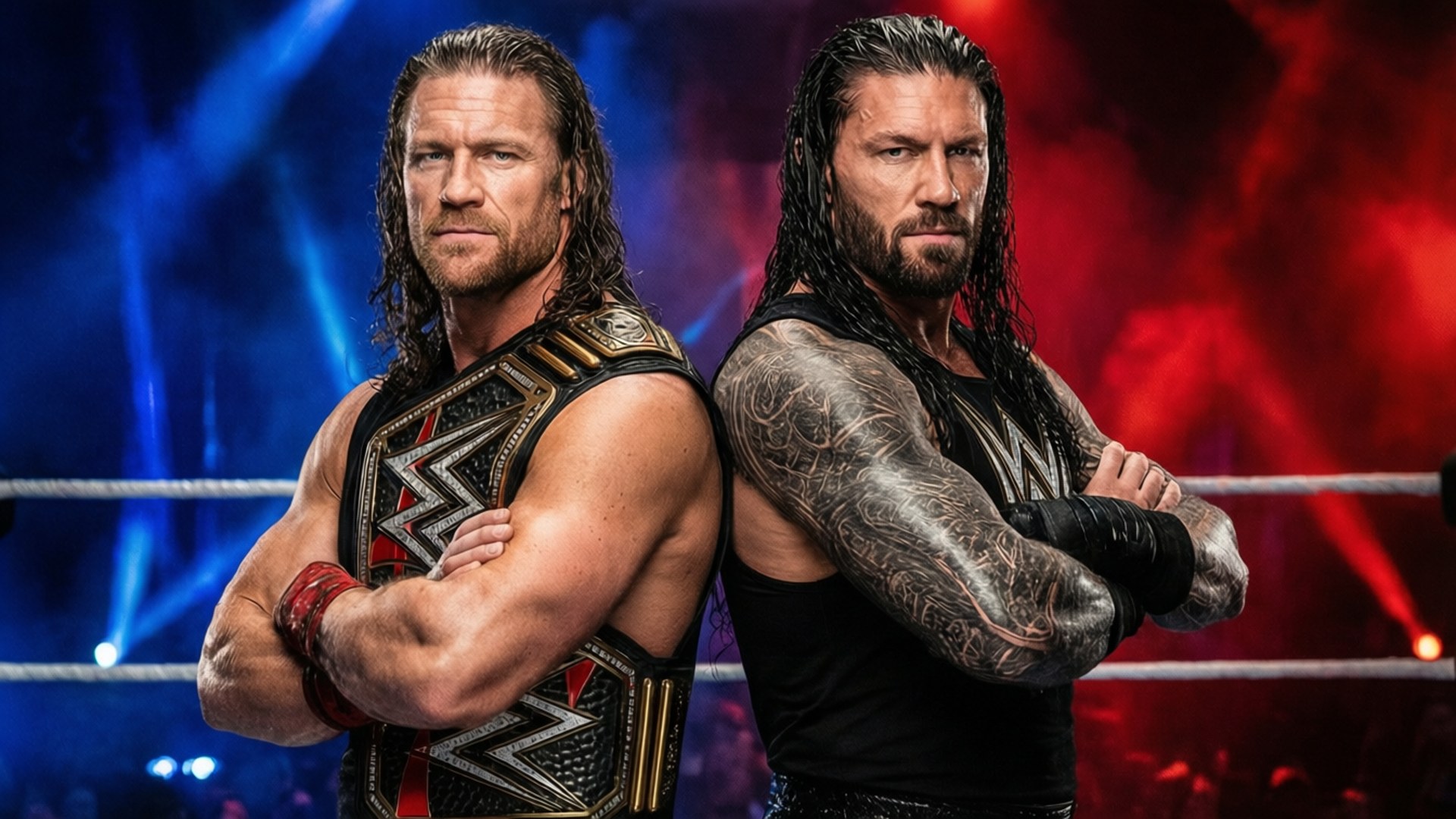 Shield Reunion 壁紙 — 兩名肌肉發達的摔角手在擂台上背對背站立，背景是戲劇性的藍色和紅色舞台燈光。