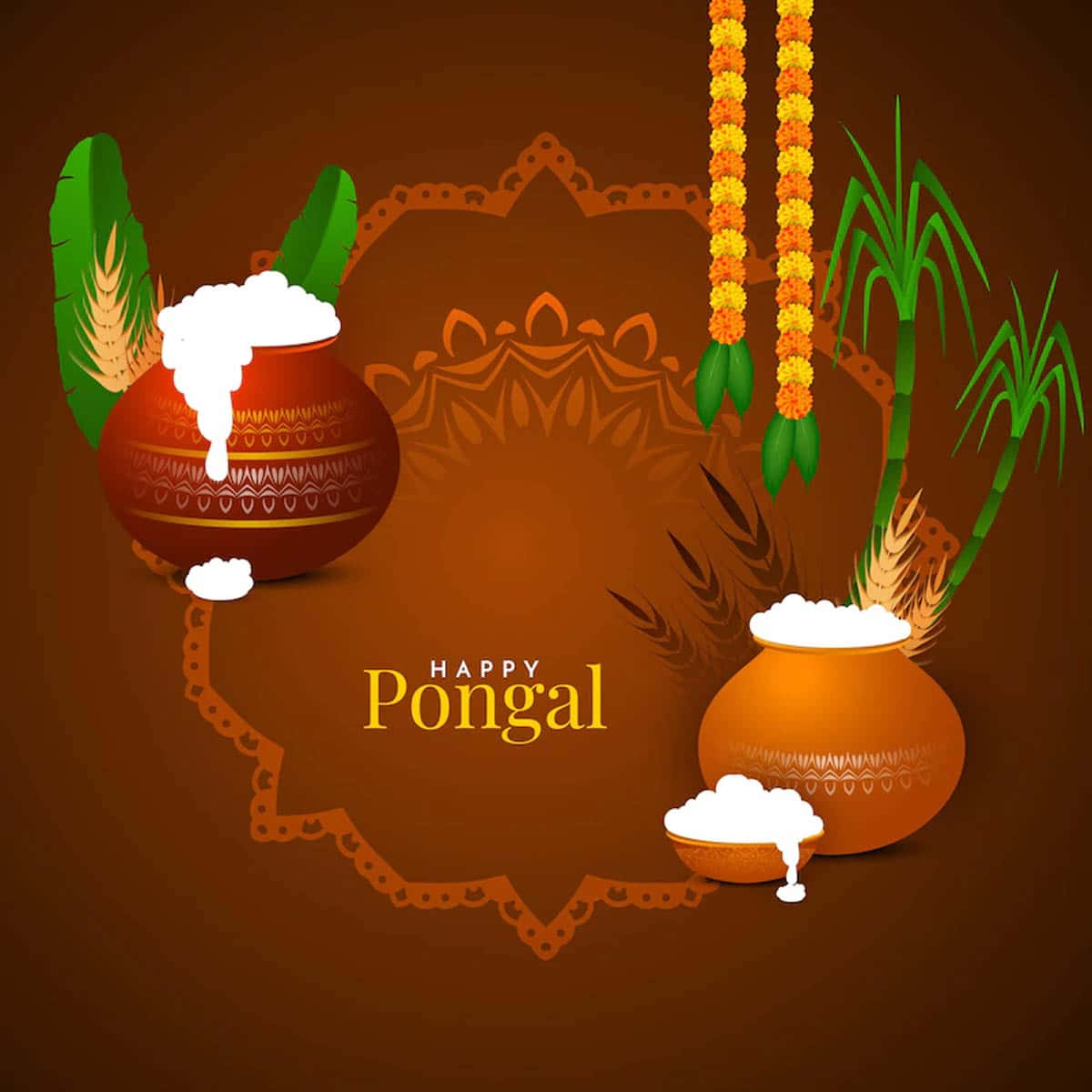快樂的 Pongal 節日插圖，罐子裡裝滿了溢出的米飯、甘蔗和金盞花花環。