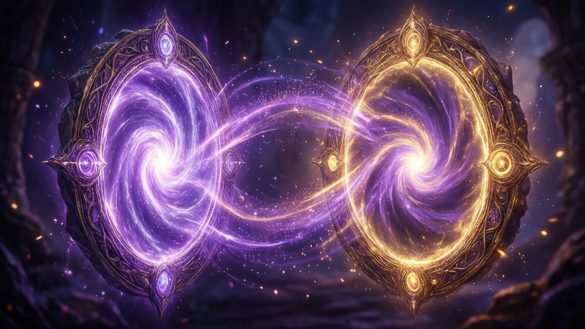 兩個發光的魔法傳送門在奇幻場景中隨著宇宙能量旋轉。