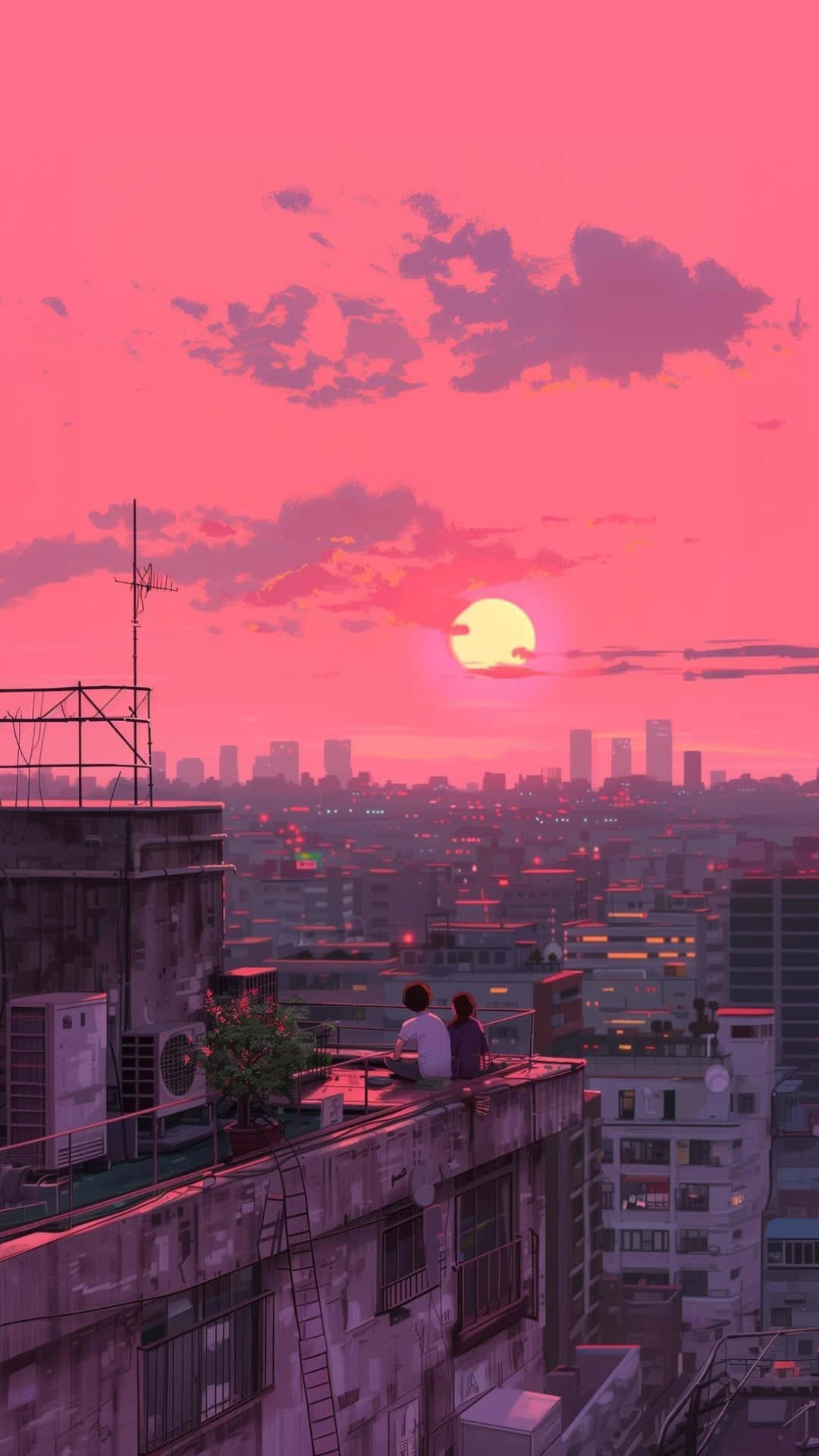  壁紙 — 兩個人坐在屋頂上，俯瞰著沐浴在夢幻粉紅色夕陽和發光太陽中的城市景觀。