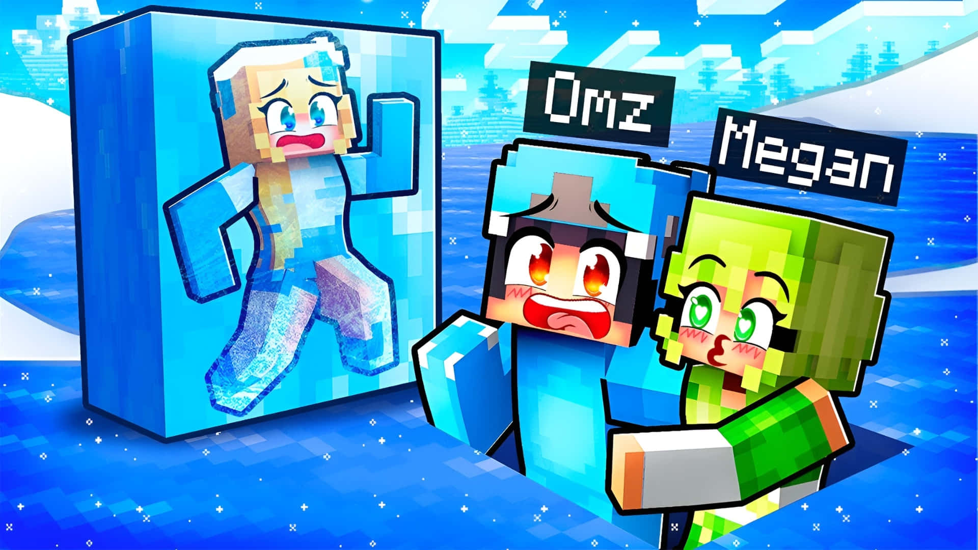  壁紙 — 兩個像素化的Minecraft角色震驚地反應，因為第三個角色在雪地景觀中被冰塊凍結。