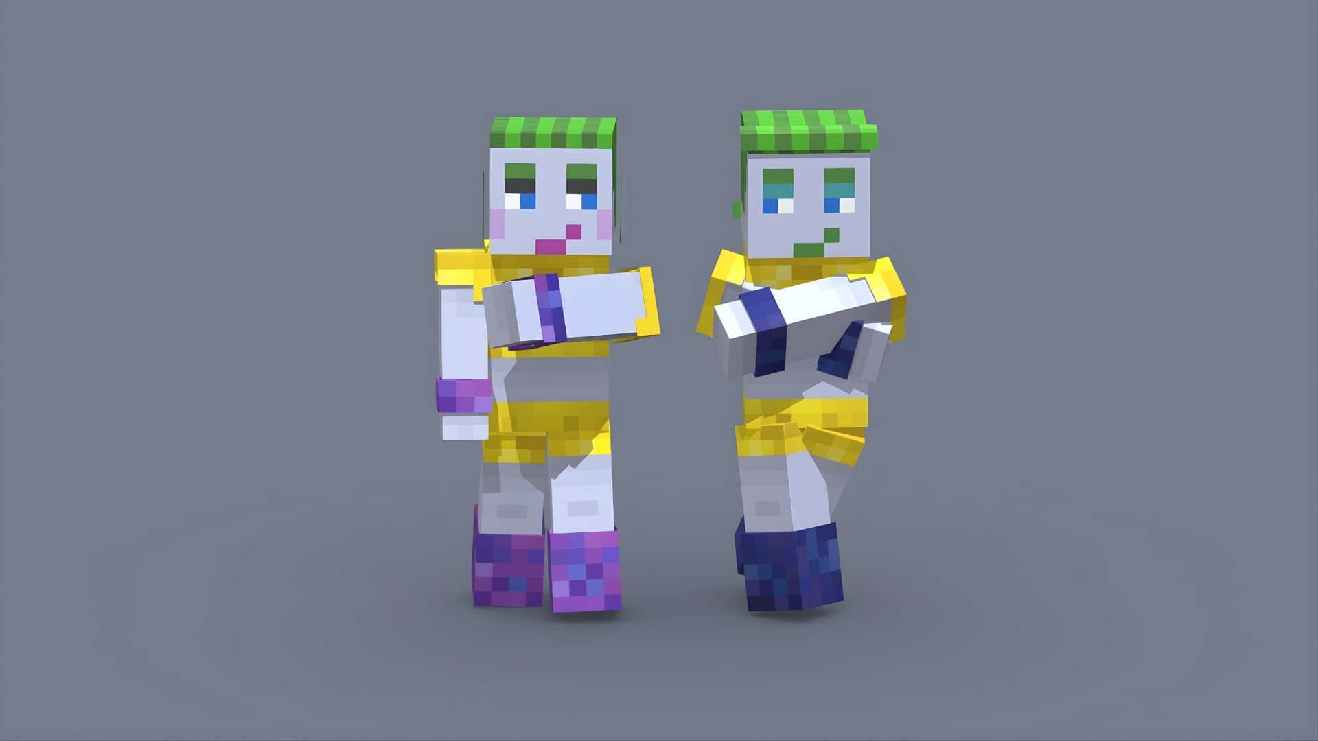  壁紙 — 兩個像素化Minecraft風格角色，綠色頭髮和黃色服裝，並排站在純灰色背景前。