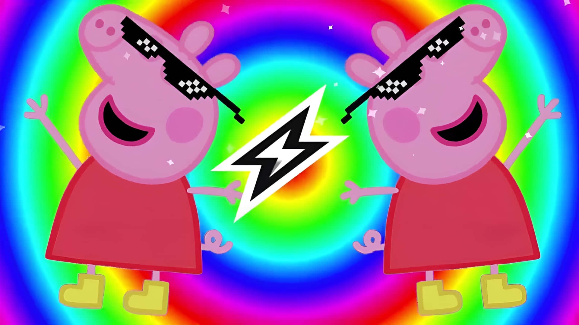  壁紙 — 兩個像素化的 Peppa Pig 角色戴著太陽眼鏡，在旋轉的彩虹漩渦背景下，中間有一道閃電對峙。