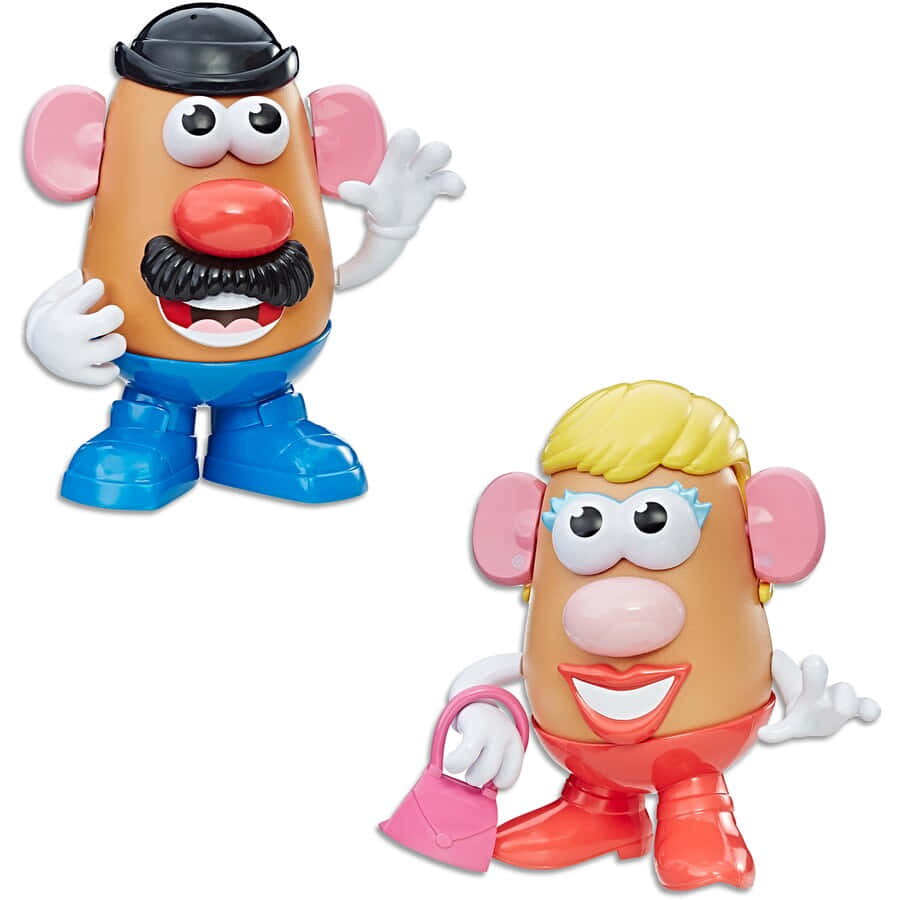 兩個Mr. Potato Head玩具，一個揮手，一個拿著手袋。