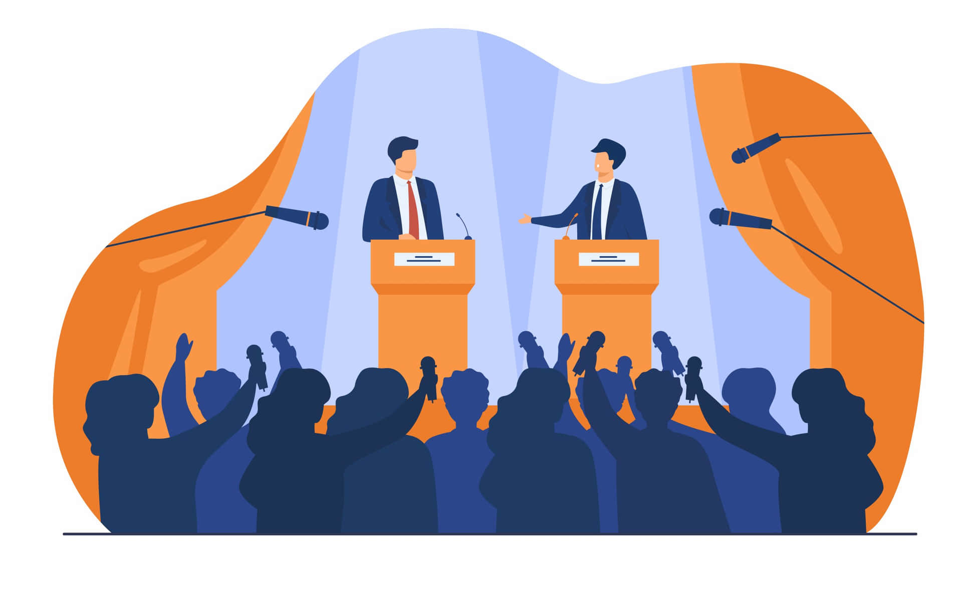  壁紙 — 兩位政治家在聚光燈下的講台上辯論，一群剪影選民舉手支持。