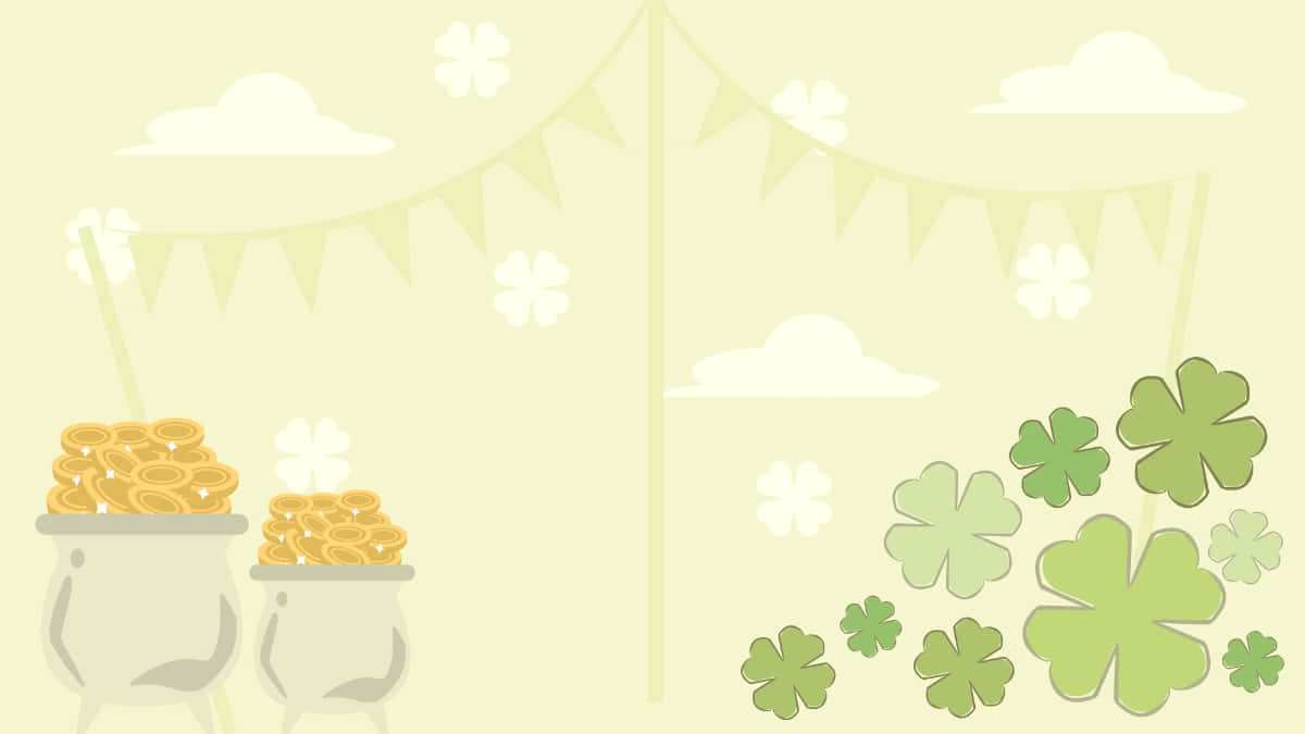 壁紙 — 兩個裝滿金幣的鍋子放在三葉草彩帶下，背景是柔和的綠色天空和蓬鬆的雲朵。