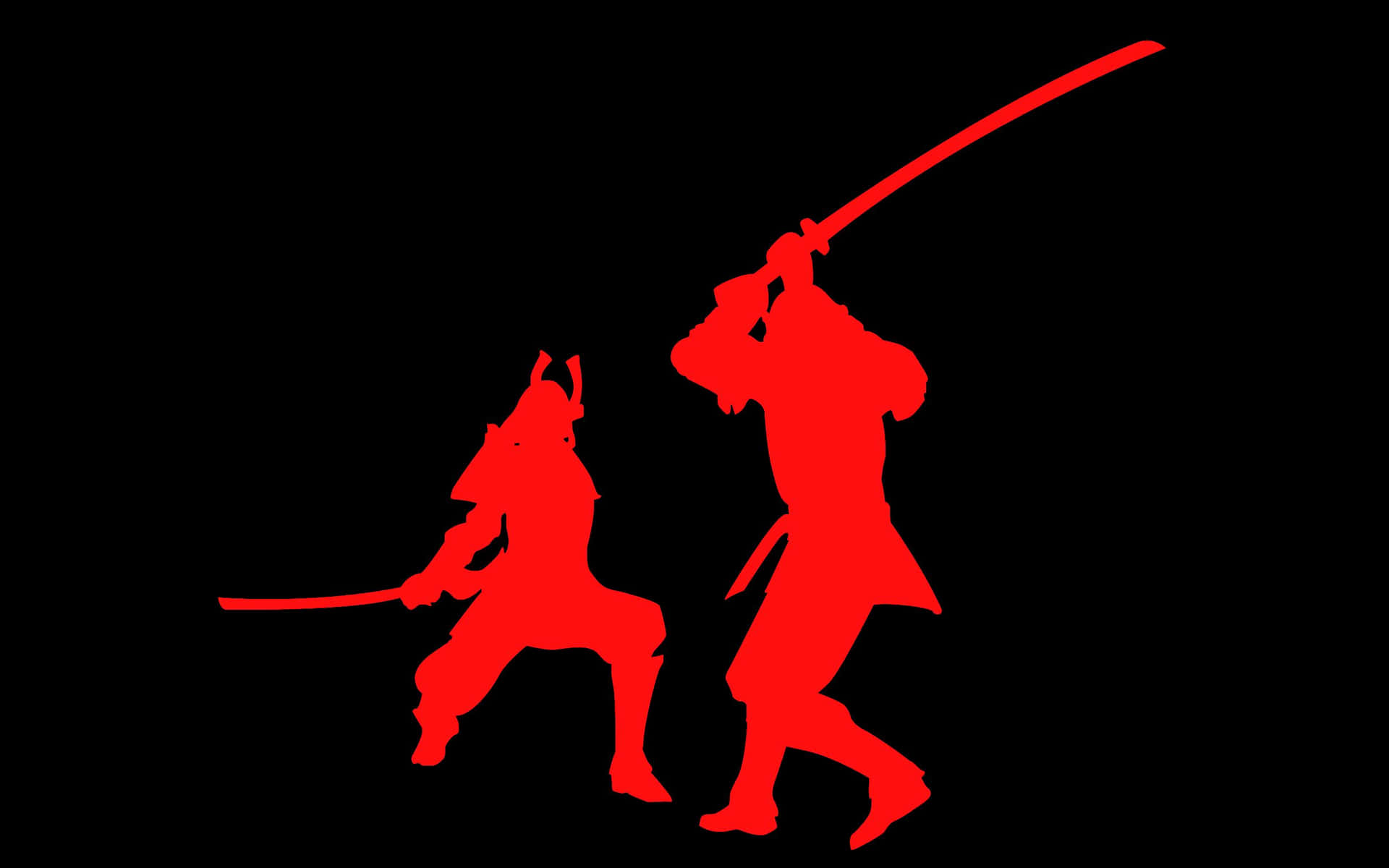  壁紙 — 兩個紅色剪影武士用劍在純黑背景上對決。