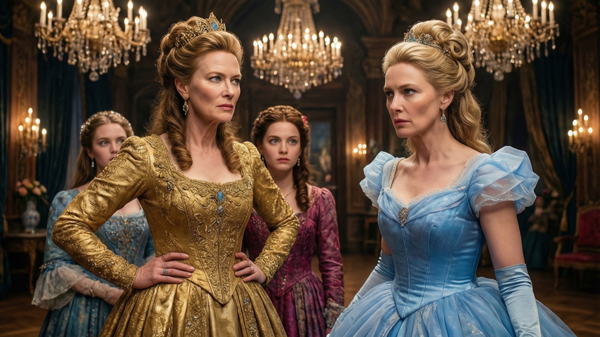 Cate Blanchett 桌布 壁紙 — 兩位身穿華麗禮服的貴族女性在閃爍的水晶吊燈下，身後有侍從，站在宏偉的宮殿大廳中。