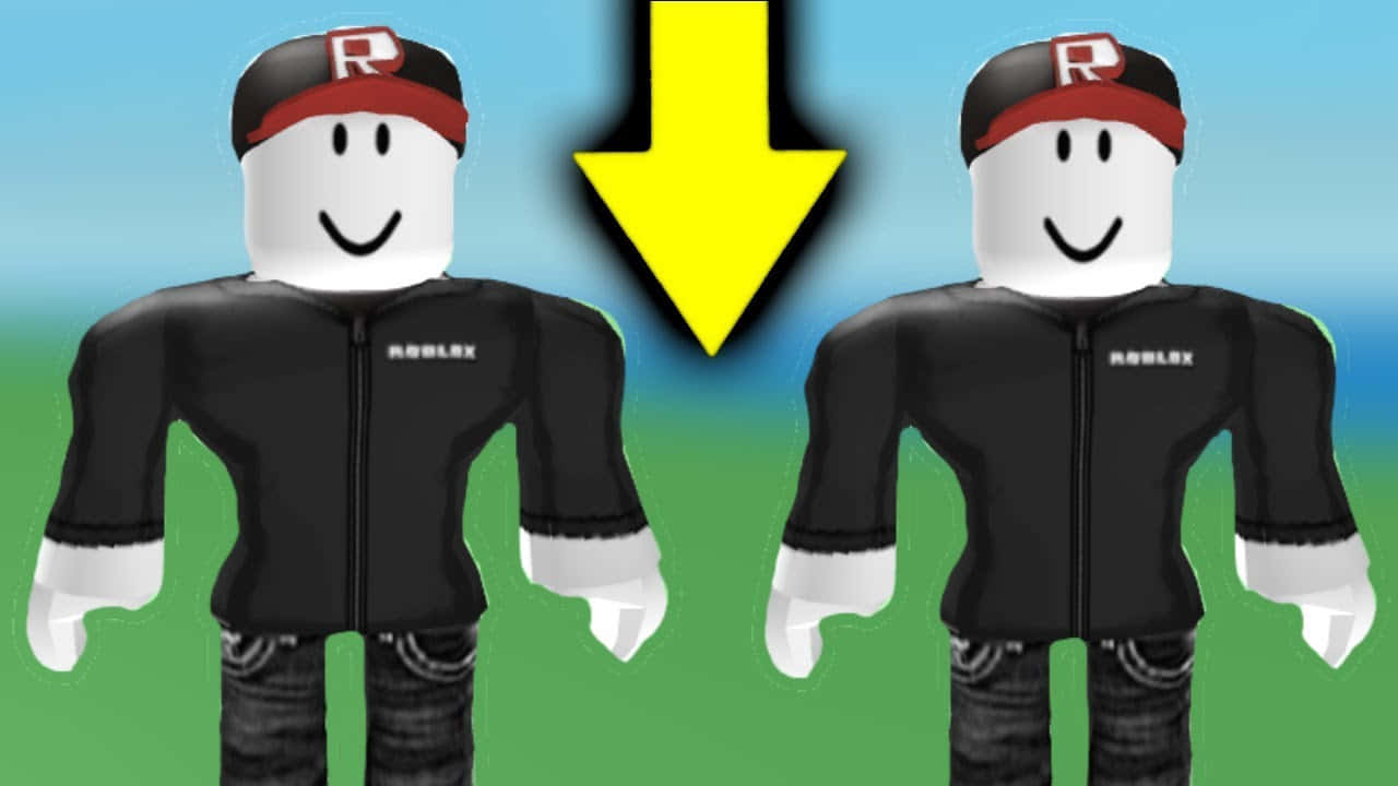  壁紙 — 兩個身穿黑色外套和紅色帽子的 Roblox 頭像並排站立，中間有一個黃色箭頭指向下方。