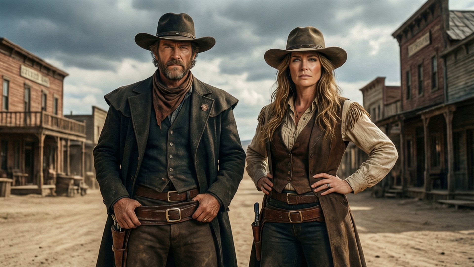 Ridiculous Six Scene 壁紙 — 兩個粗獷的牛仔在暴風雨的天空下，挑釁地站在塵土飛揚的西部小鎮街道上。