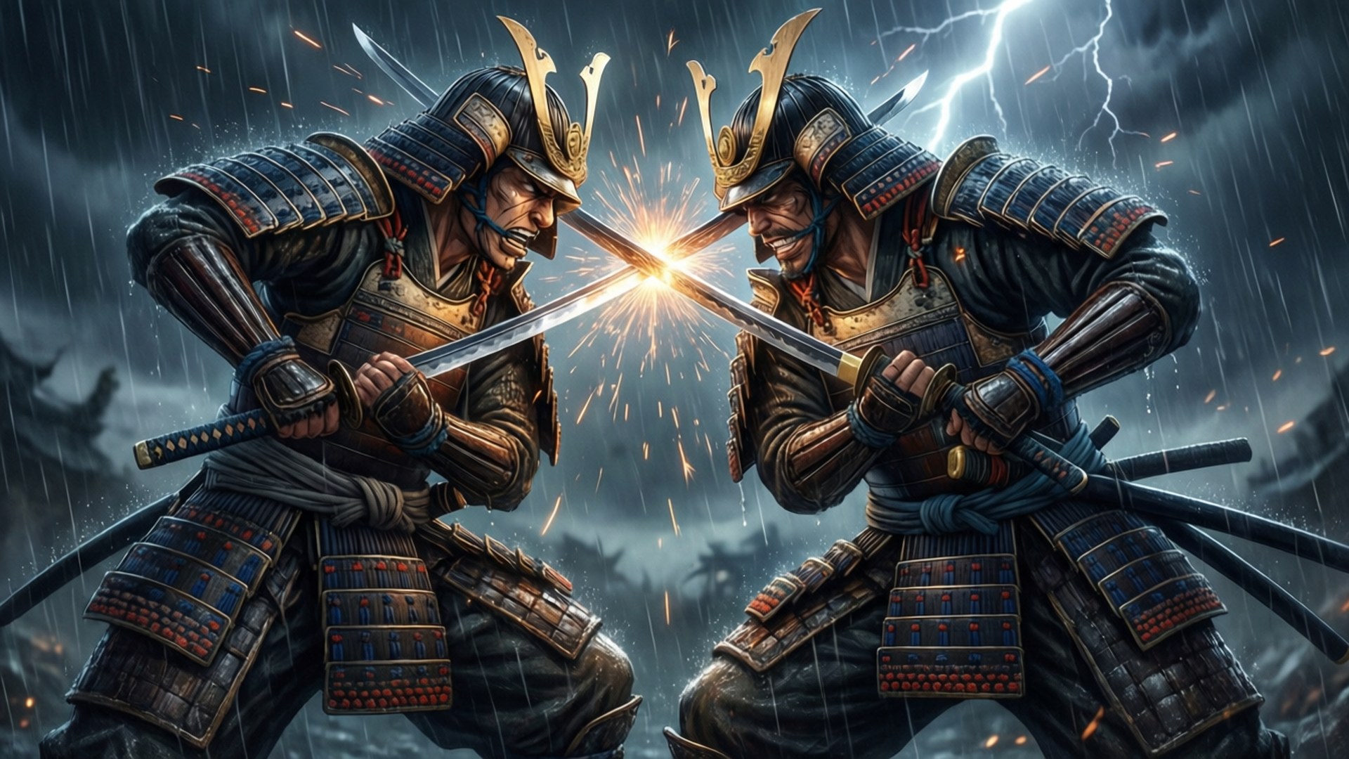 4K HD Anime PC 桌布 壁紙 — 兩名武士戰士在雷雨中交鋒，閃電照亮他們裝甲的臉龐和火花四濺的刀刃。
