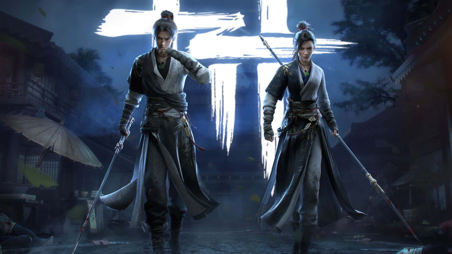  壁紙 — 兩個武士戰士在霧夜街道上，於發光漢字招牌下持劍擺出姿勢。