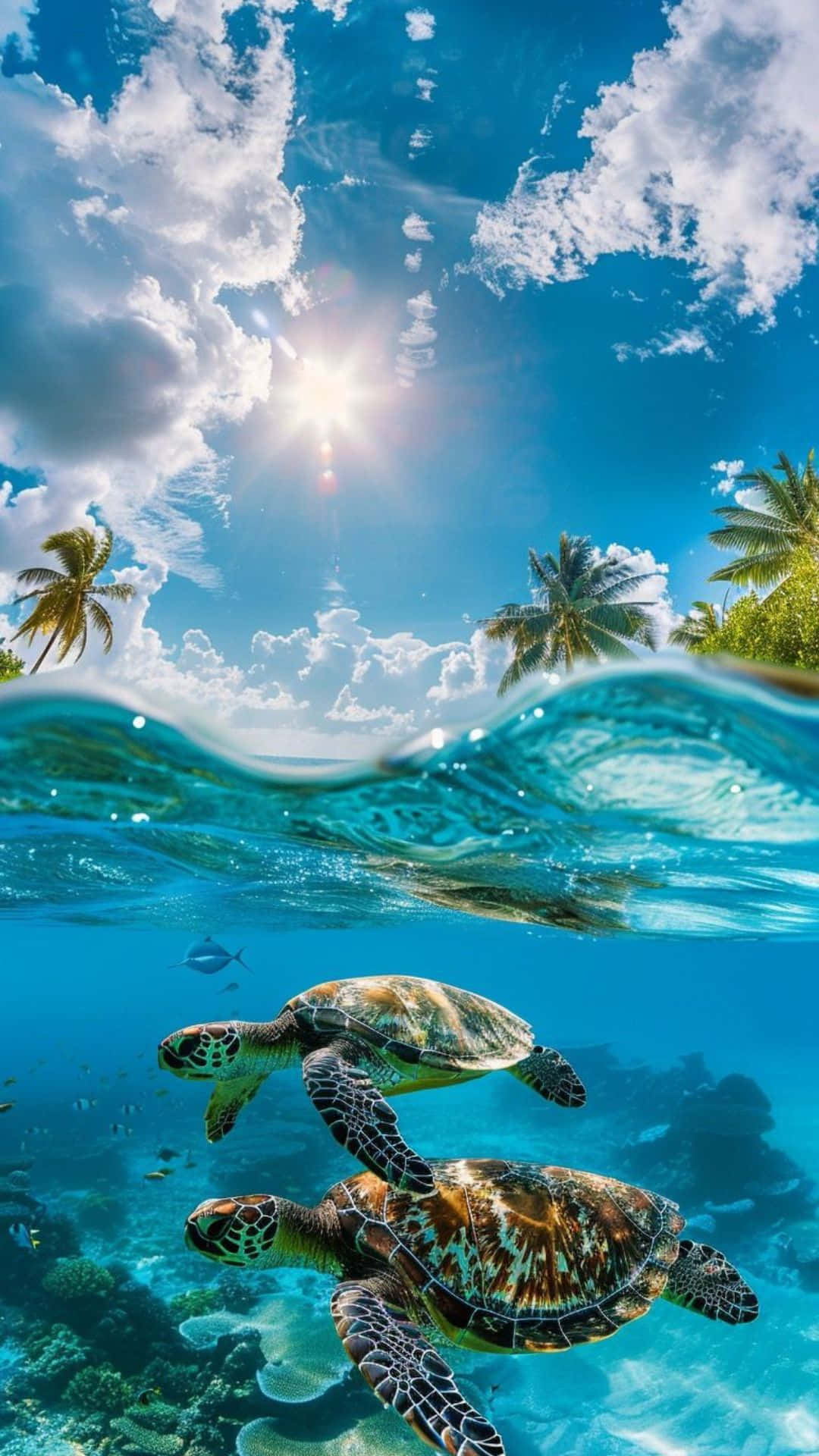  壁紙 — 兩隻海龜在陽光普照的天空下，穿過碧綠的海水，天空點綴著蓬鬆的雲朵和棕櫚樹。
