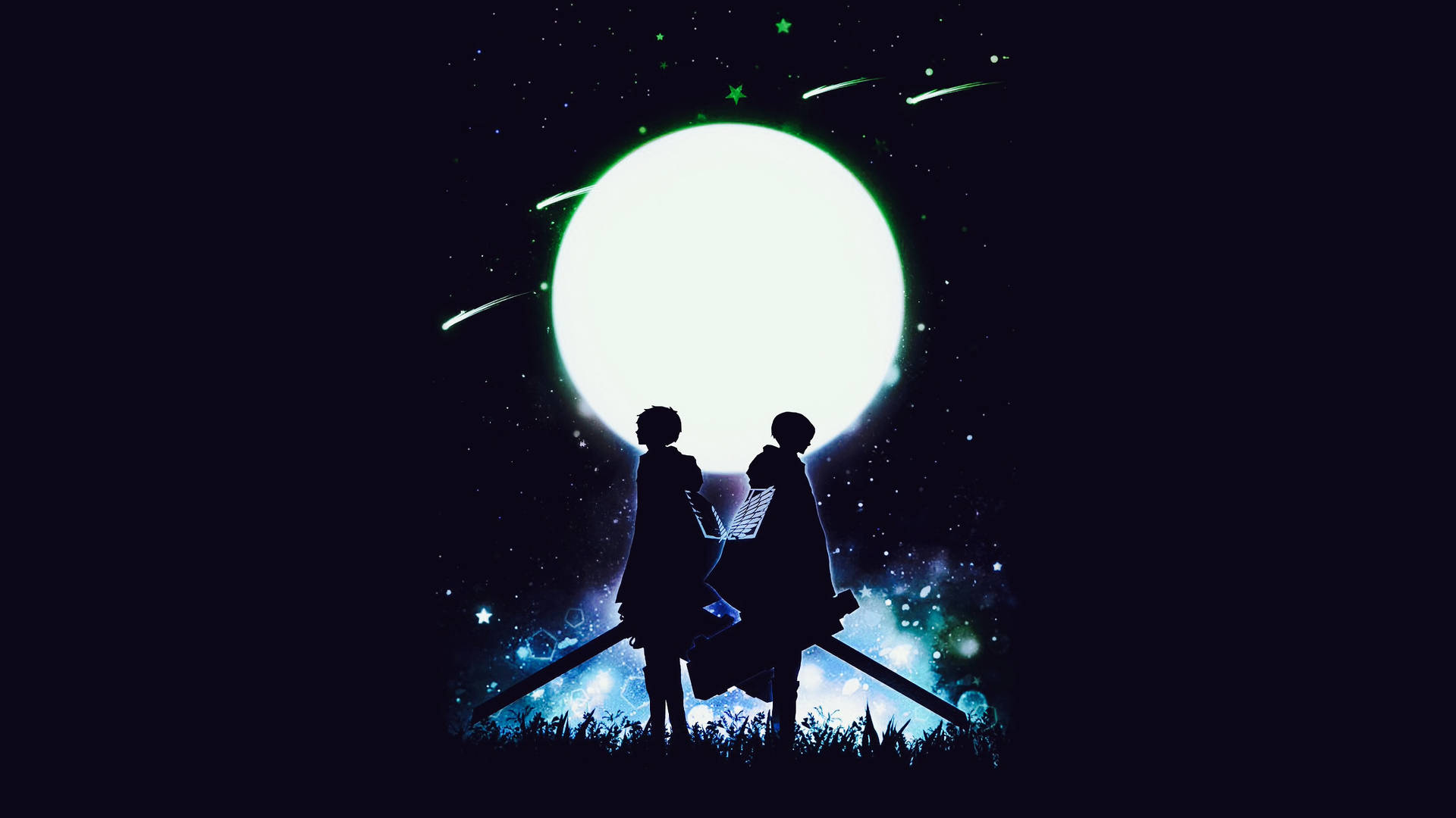 兩個動畫角色以發光的月亮和流星為背景的剪影。