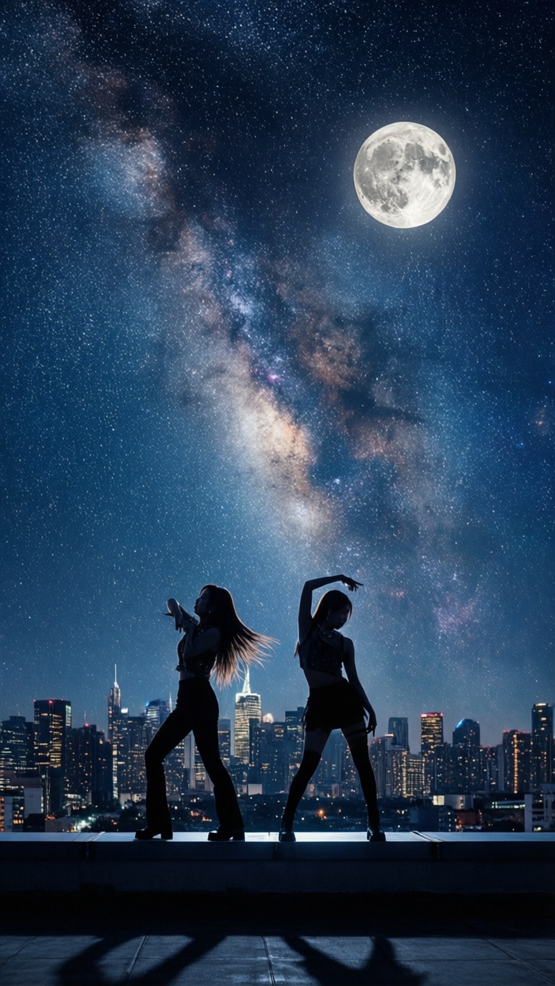 兩個舞者的剪影，背景是滿月和城市燈光的星空夜空。