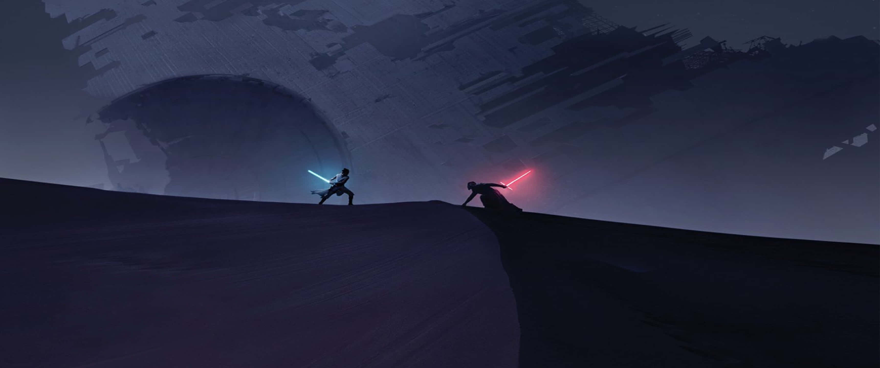 Star Wars Ultra Wide 桌布 壁紙 — 兩個剪影人物在星空下的黑暗懸崖邊緣，用發光的藍色和紅色光劍決鬥。