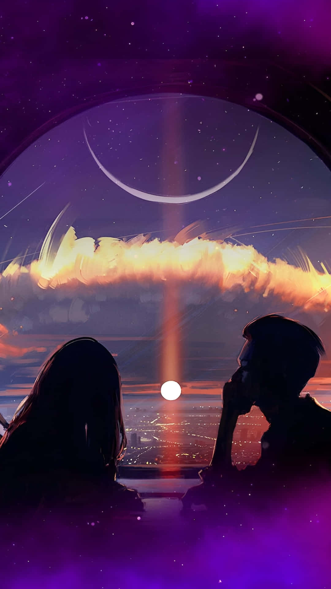  壁紙 — 兩個剪影人物凝視著新月和光芒四射的宇宙光下的發光城市景觀。