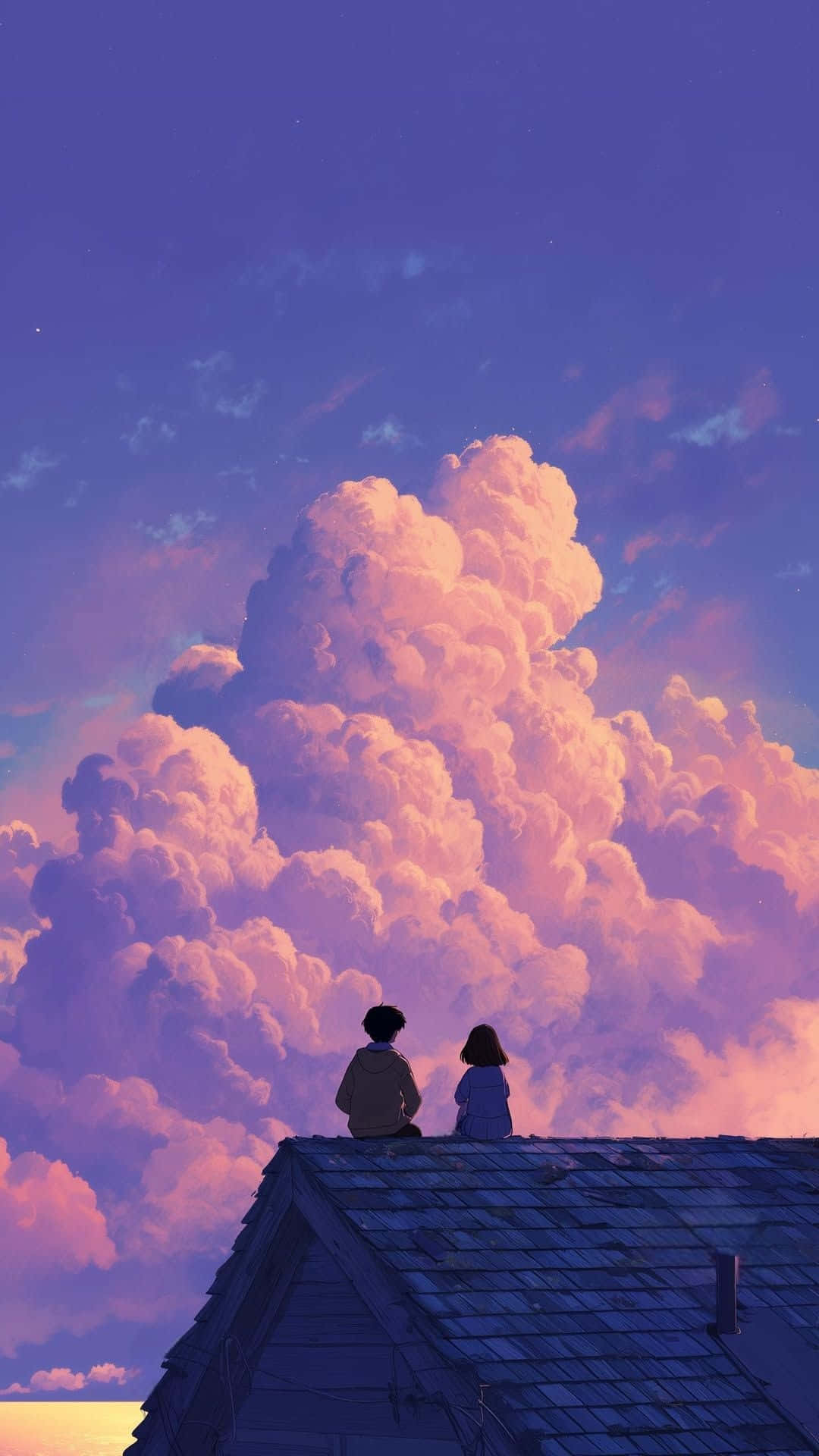 壁紙 — 兩個剪影人物坐在屋頂上，凝視著在暮色天空中閃耀著粉紅色和紫色的巨大雲層。