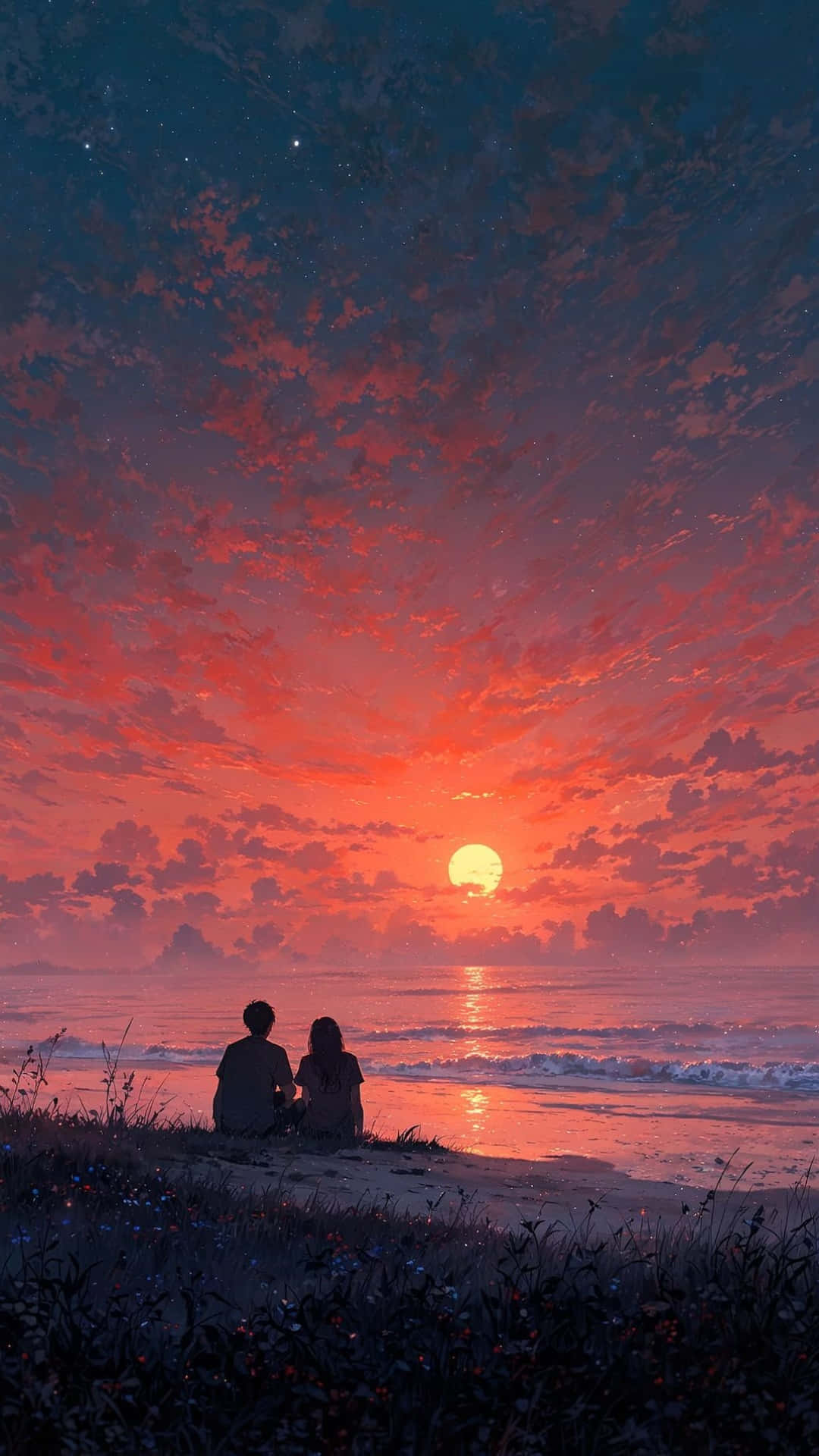  壁紙 — 兩個剪影人物坐在沙灘上，看著熾熱的夕陽將天空染成鮮豔的紅色和紫色。