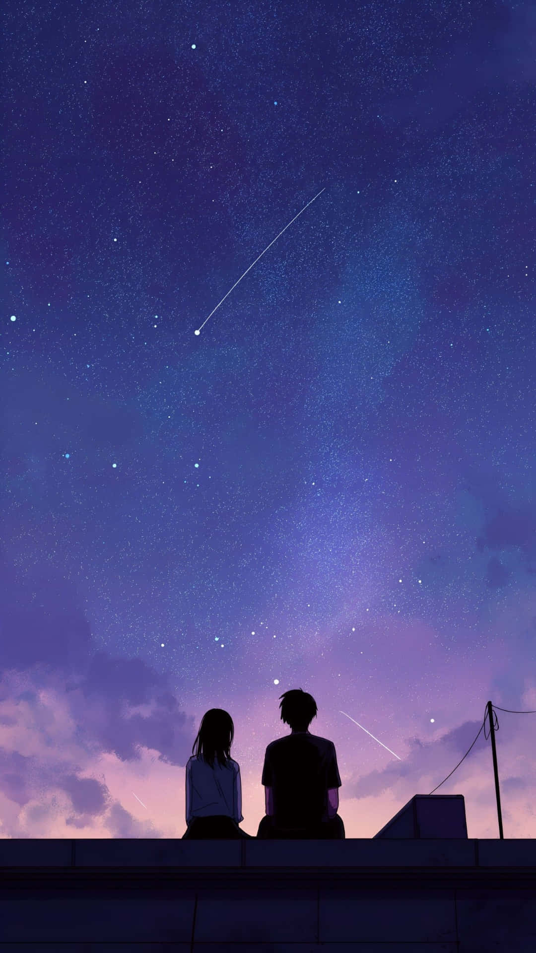  壁紙 — 兩個剪影人物坐在屋頂上，觀看充滿星星和流星嘅鮮豔紫色夜空。