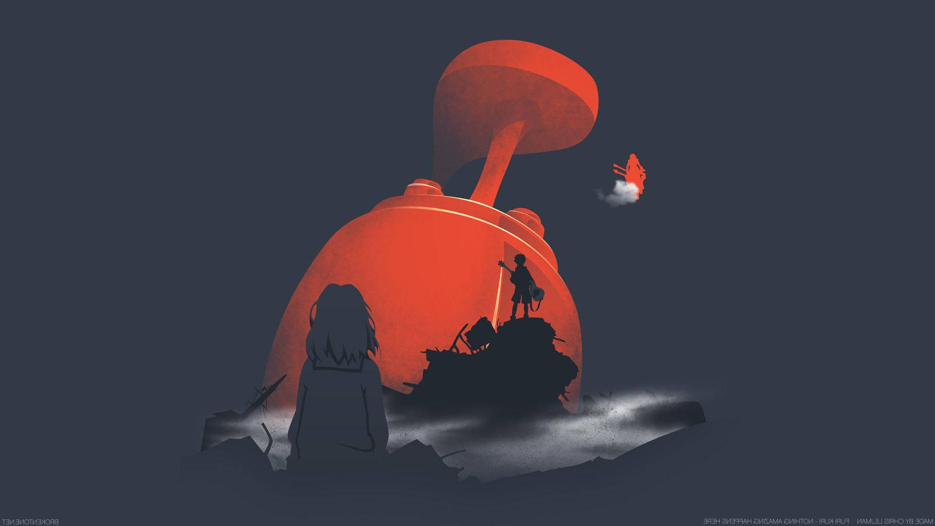 赤穂天空中的和平 壁紙 — 兩個剪影人物站在一個巨大的紅色蘑菇前，背景是陰暗的風景，附近有一隻小紅鳥在飛翔。