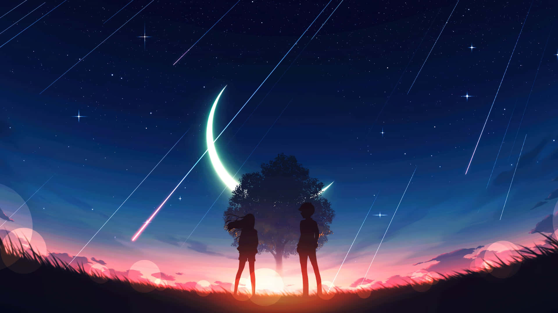  壁紙 — 兩個剪影人物站在發光的彎月和流星下，背景是暮色天空。