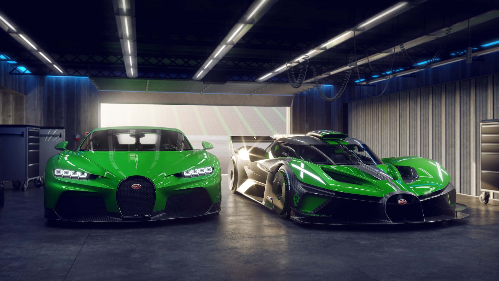  壁紙 — 兩輛時尚的綠色Bugatti超跑在高科技車庫的工業燈光下閃閃發光。