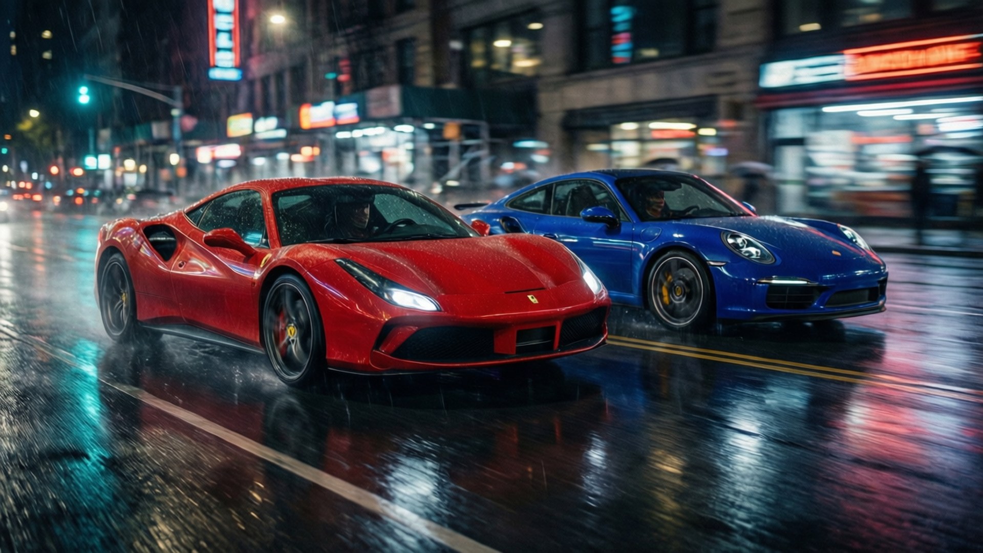 Heated Rivalry 桌布 壁紙 — 兩輛流線型跑車，一輛紅色法拉利和一輛藍色保時捷，在閃爍的霓虹燈招牌下，滑過被雨水浸濕的城市街道。