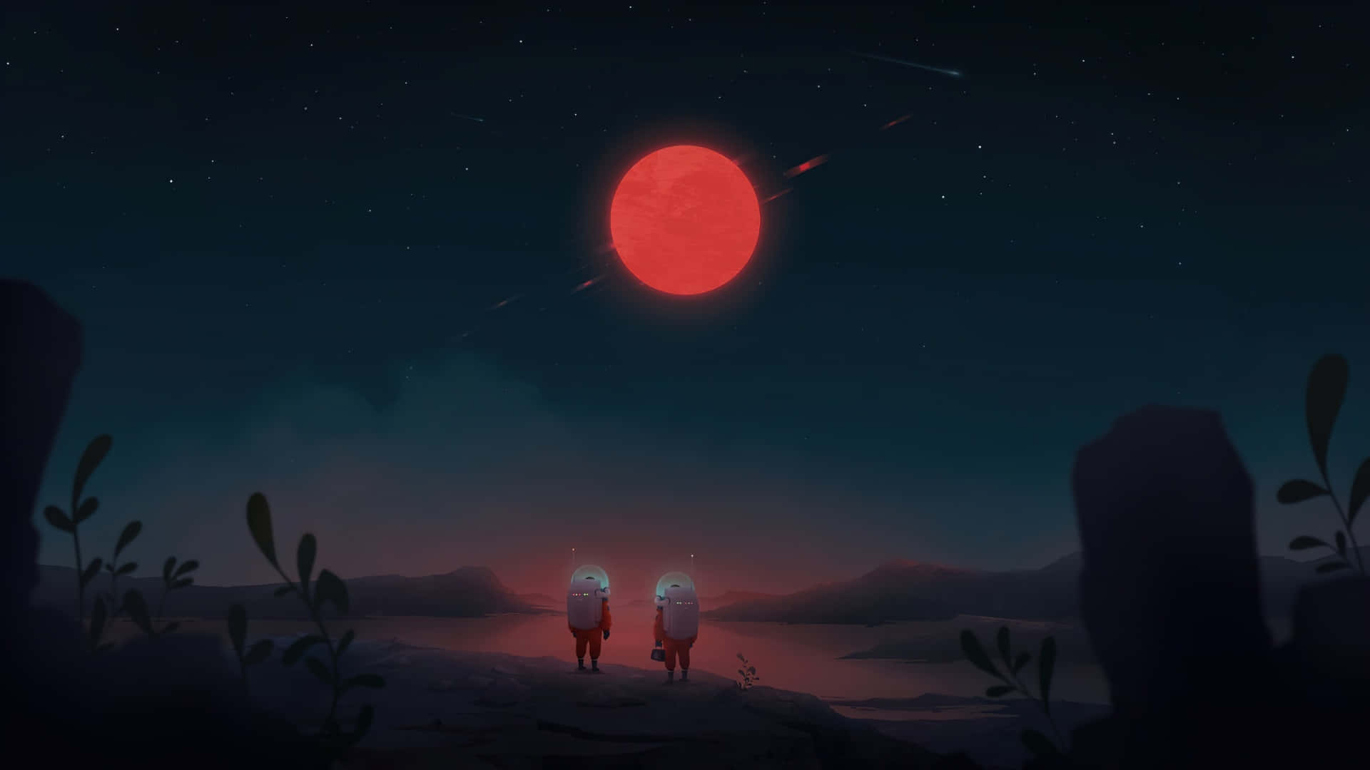  壁紙 — 兩個小太空人在發光的紅月亮和流星劃過的荒蕪外星景觀上行走。