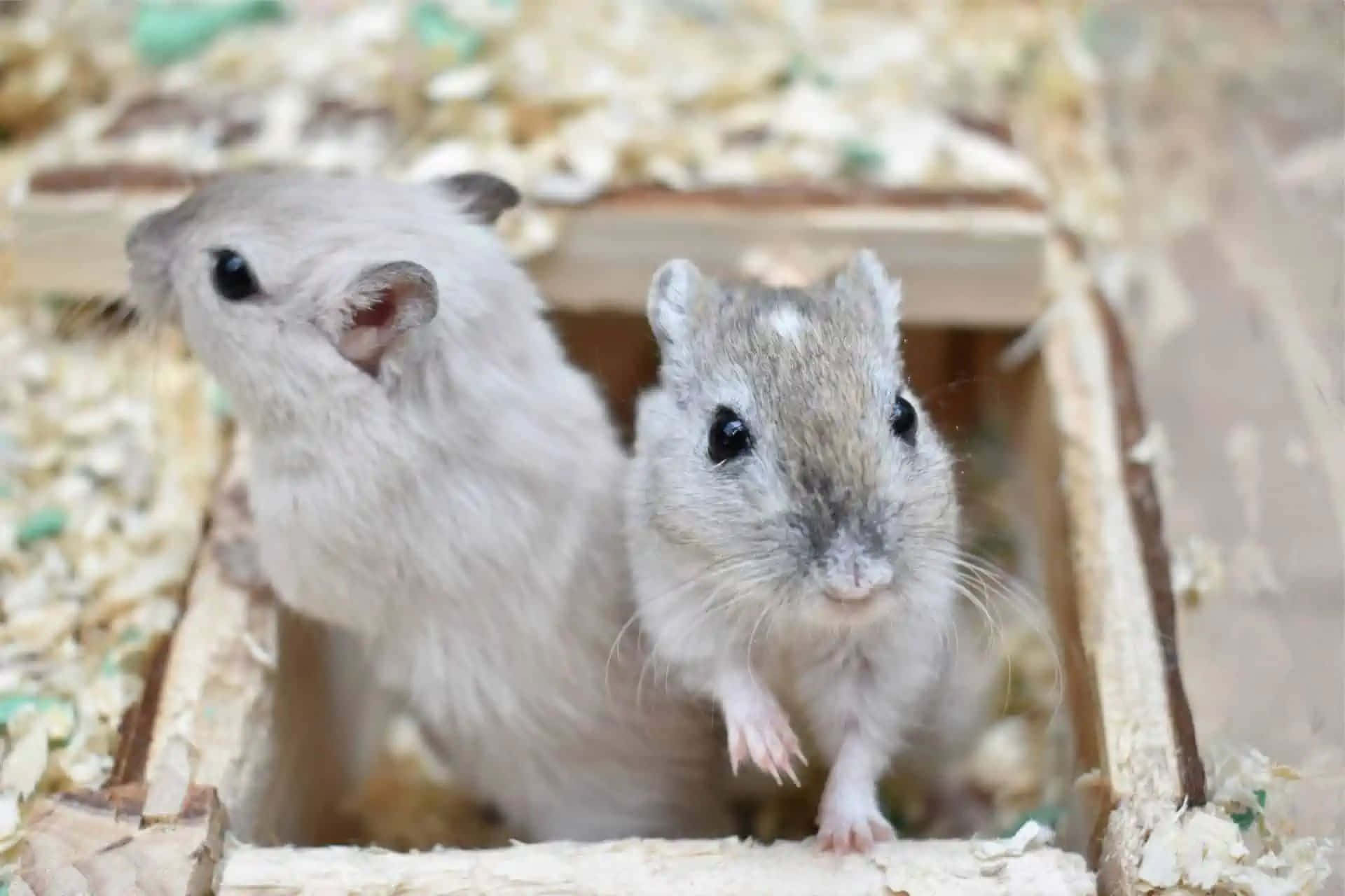 Gerbil 桌布 壁紙 — 兩隻小沙鼠喺一個舒適嘅圍欄入面，喺木屑中從一個木製藏身處好奇咁探出頭嚟。