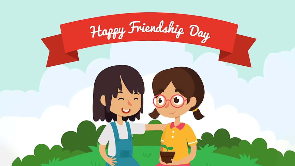  壁紙 — 兩個微笑的卡通女孩在一個寫著Happy Friendship Day的紅色橫幅下分享友好時刻。