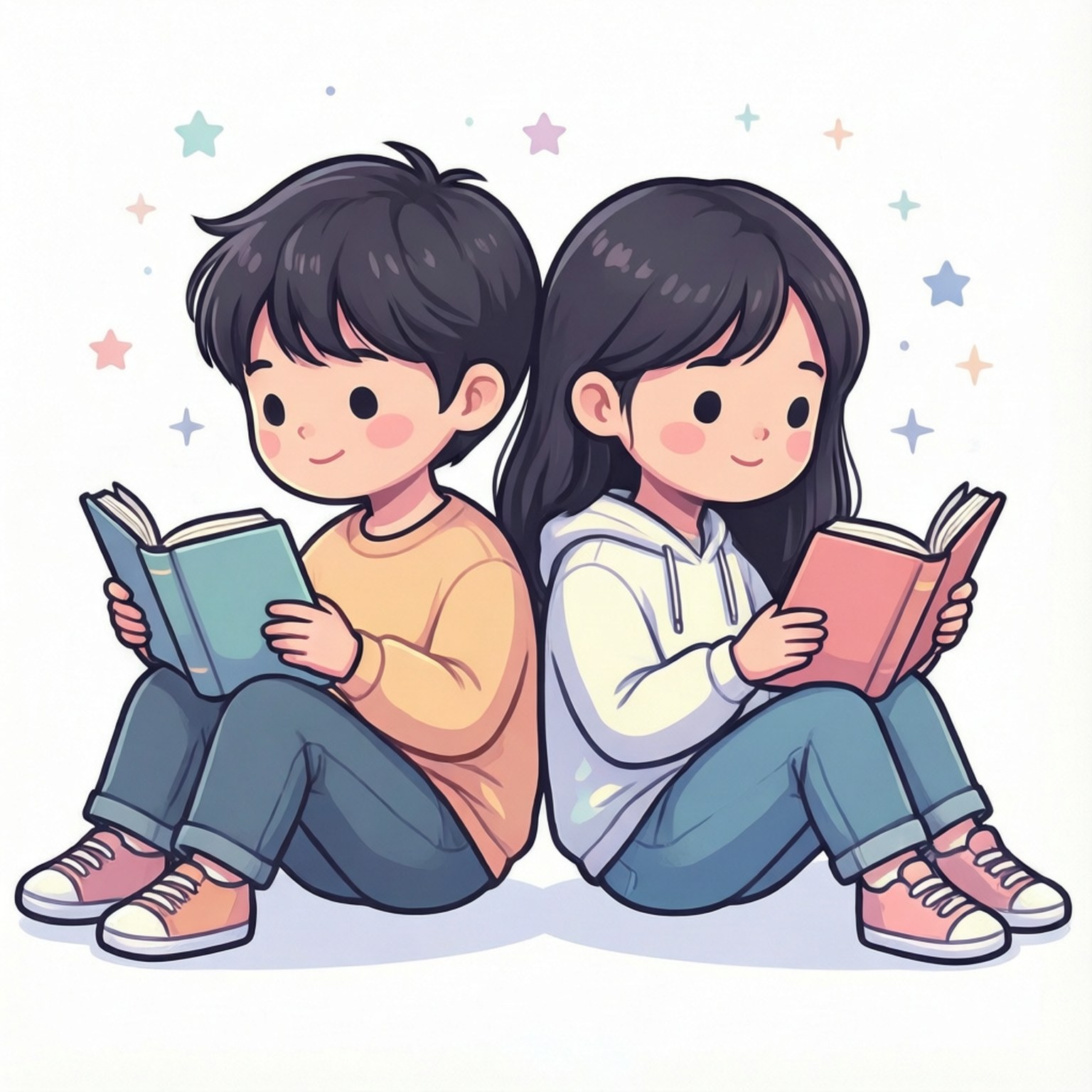 閱讀好友剪貼圖 壁紙 — 兩個微笑的孩子背對背坐著看書，彩色星星在他們周圍飄浮。