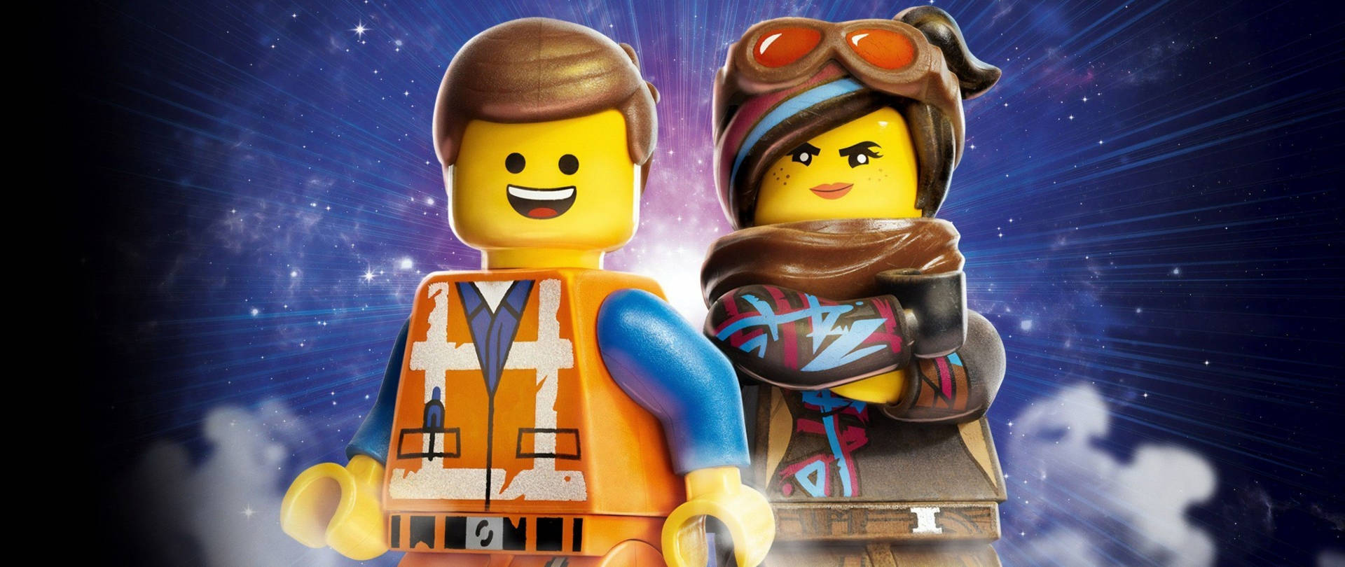 兩個LEGO角色在太空中的星空背景和雲層中。