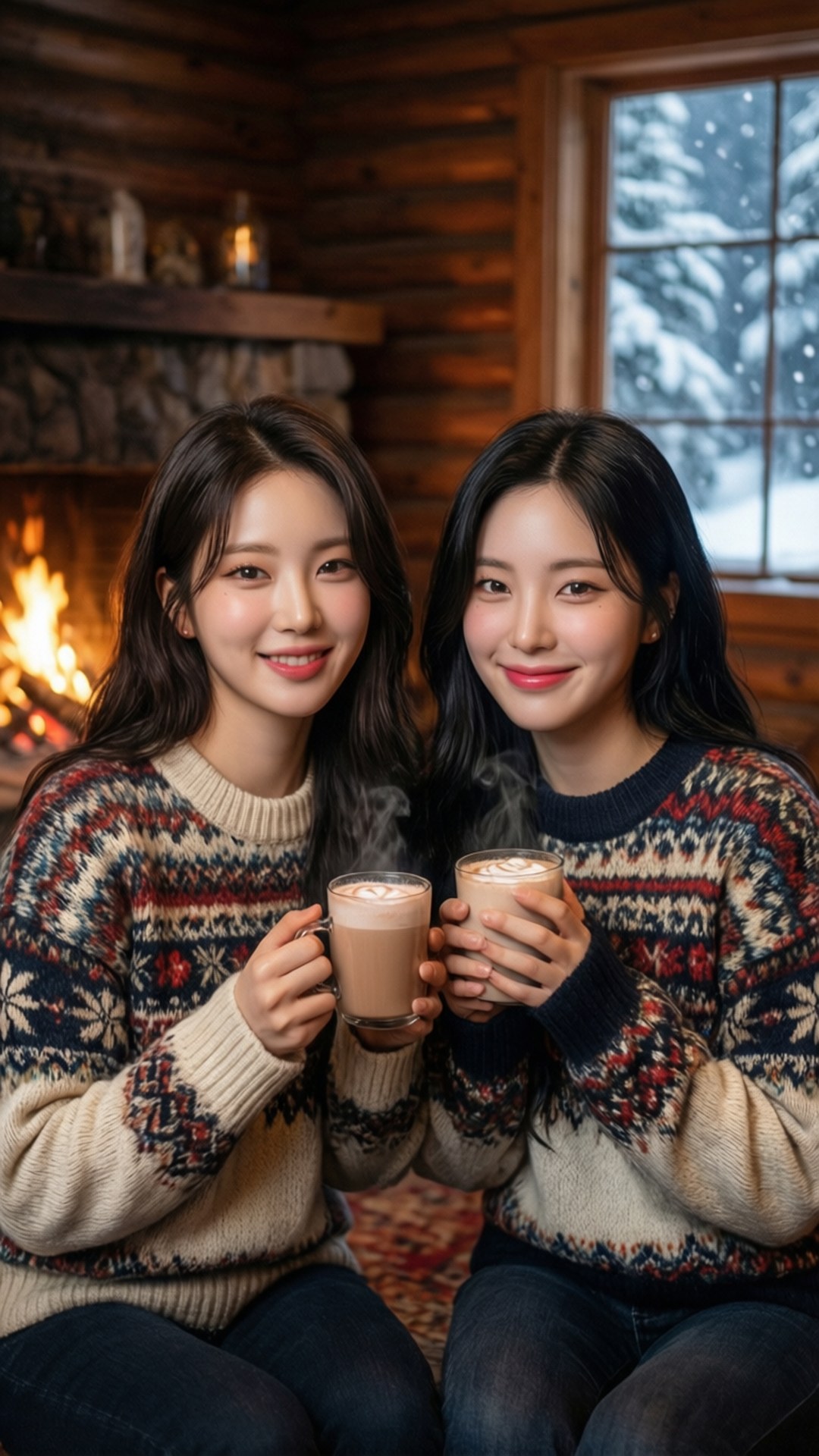 兩位穿著針織毛衣的女性在壁爐旁享受熱飲，窗外雪景。