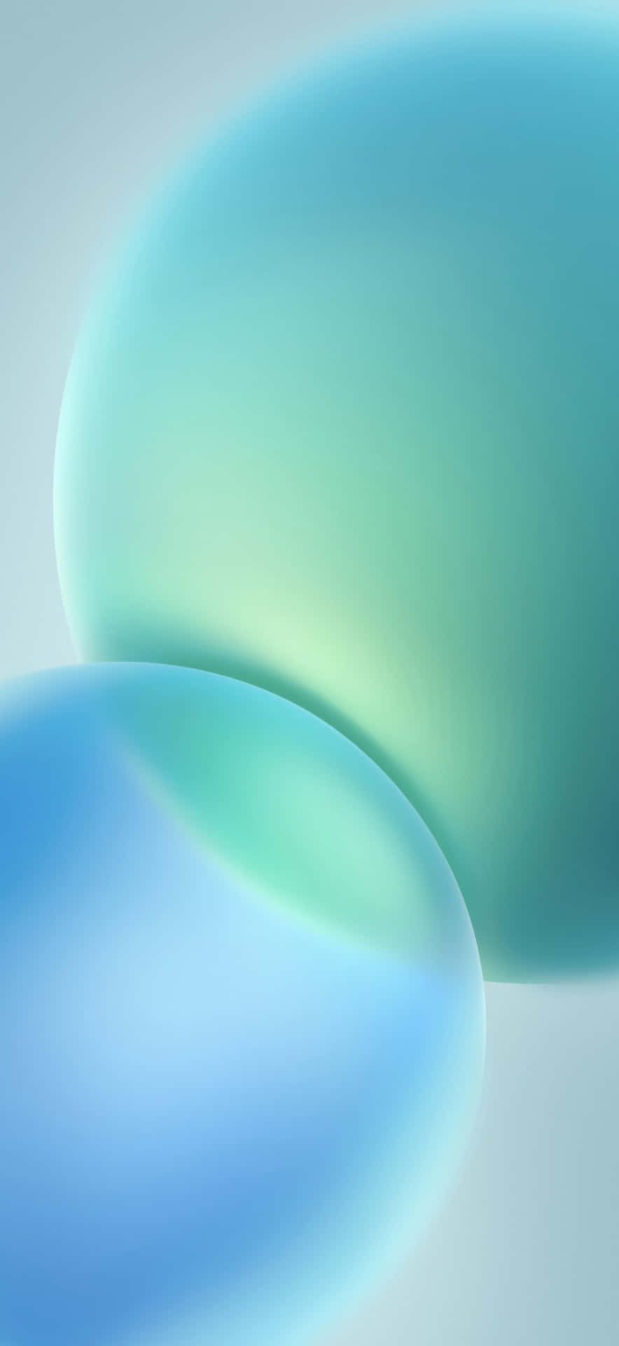 壁紙 — 兩個柔和發光的半透明球體，帶有藍色和綠色的漸變，漂浮在淡色背景上。