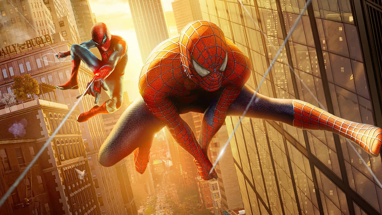 Daily Bugle 桌布 壁紙 — 兩個蜘蛛俠角色在沐浴在金色日落光芒中的高聳摩天大樓之間動態擺盪。