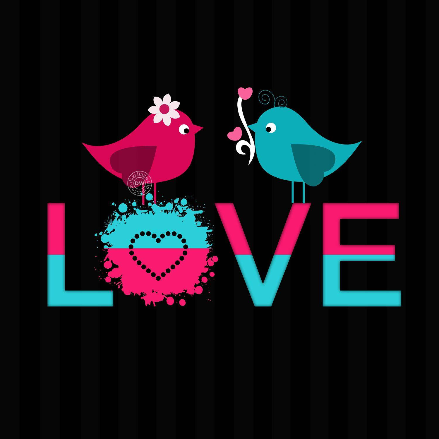 兩隻色彩繽紛的卡通鳥兒棲息在LOVE這個詞上，有一個心形的巢。
