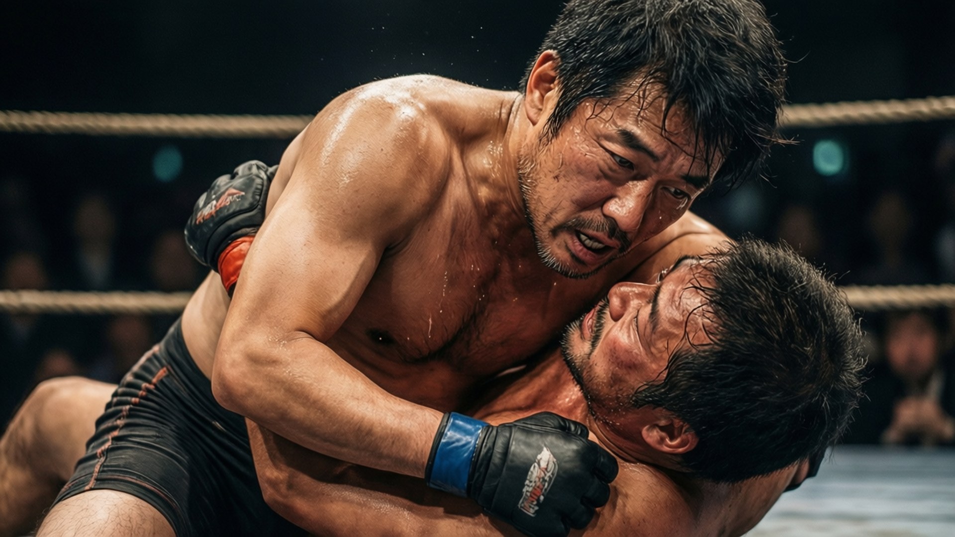 Submission Struggle 壁紙 — 兩名汗流浹背的拳手在昏暗的拳擊台上激烈纏鬥，背景有繩索和模糊的觀眾。