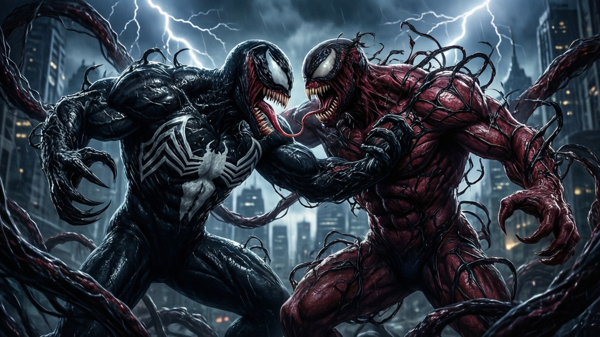 Venom Let There Be Carnage 桌布 壁紙 — 兩個共生體戰士毒液和屠殺在雷電交加的暴風雨城市戰場上碰撞。